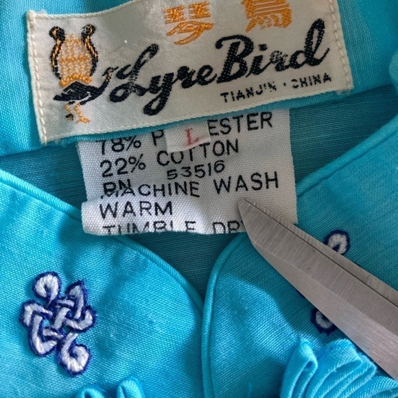 Vintage Lyre Bird Tianjim China Hand Embroidered Floral Blue Dress Robe - Picture 8 of 11